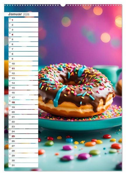 Produktbild: Donuts and Birthdays, s&uuml;&szlig;er Geburtstagskalender mit bunte KI Donuts (Wandkalender 2026 DIN A2 hoch), CALVENDO Monatskalender