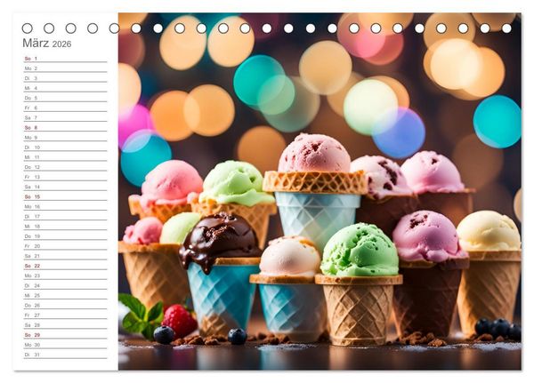 Produktbild: K&ouml;stliche Versuchung - Der zuckers&uuml;&szlig;e Eiscreme Geburtstagskalender mit erfrischenden KI Eisgen&uuml;ssen (Tischkalender 2026 DIN A5 quer), CALVENDO Monatskalender