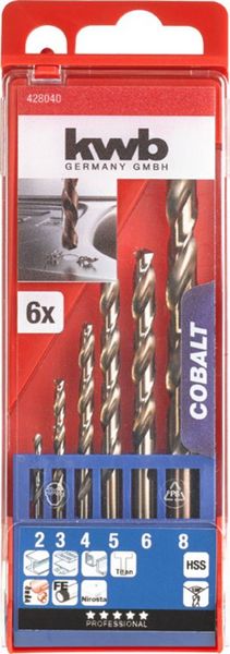 Produktbild: kwb 428040 HSS-Co Metall-Spiralbohrer-Set 6teilig 2 mm, 3 mm, 4 mm, 5 mm, 6 mm, 8 mm M35 DIN 338 Zylinderschaft 1 St.