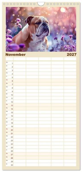 Produktbild: Familienplaner 2027 - Englische Bulldoggen im Bl&uuml;tenmeer mit 5 Spalten (Wandkalender, 21 x 45 cm) CALVENDO