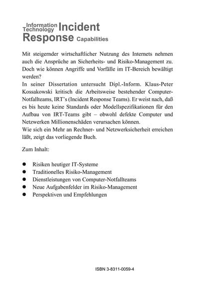 Produktbild: Information Technology Incident Response Capabilities