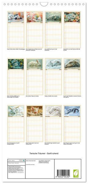 Produktbild: Familienplaner 2026 - Tierische Tr&auml;umer - Sanft ruhend mit 5 Spalten (Wandkalender, 21 x 45 cm) CALVENDO