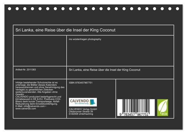Produktbild: Sri Lanka, eine Reise &uuml;ber die Insel der King Coconut (Tischkalender 2026 DIN A5 quer), CALVENDO Monatskalender