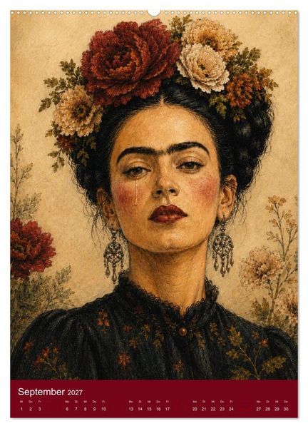 Produktbild: Freude im Haar. Leid im Herzen. Eine Hommage an Frida Kahlo (hochwertiger Premium Wandkalender 2027 DIN A2 hoch), Kunstdruck in Hochglanz