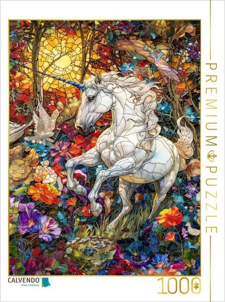 CALVENDO Puzzle Einhorn rennt auf einer farbenfrohen Blumenwiese | 1000 Teile Lege-Größe 64x48cm Foto-Puzzle für glückliche Stunden