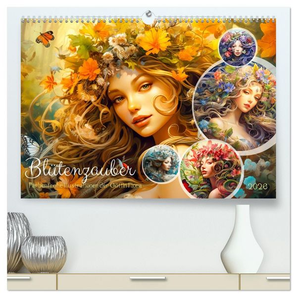 Blütenzauber - Farbenfrohe Illustrationen der Göttin Flora (hochwertiger Premium Wandkalender 2026 DIN A2 quer), Kunstdruck in Hochglanz