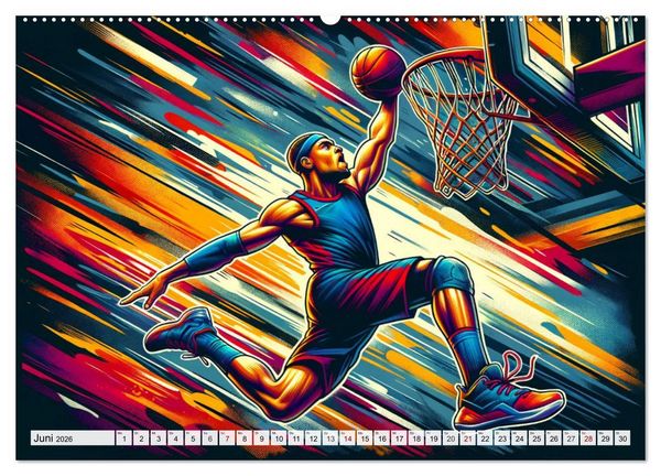 Produktbild: Basketball Expressionismus - Kunstvolle KI Interpretationen des Courts (Wandkalender 2026 DIN A2 quer), CALVENDO Monatskalender