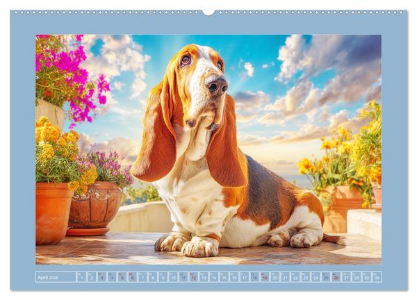 Produktbild: Schlappohren-Zauber. Fr&ouml;hliche Bassets in bunten Momenten (hochwertiger Premium Wandkalender 2026 DIN A2 quer), Kunstdruck in Hochglanz