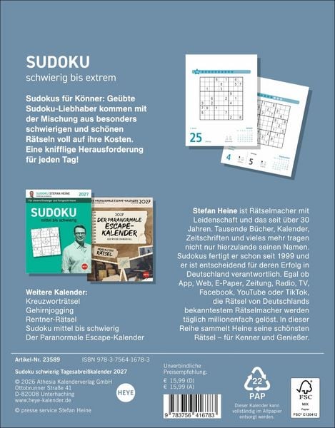 Produktbild: Stefan Heine Sudoku schwierig bis extrem Tagesabrei&szlig;kalender 2027