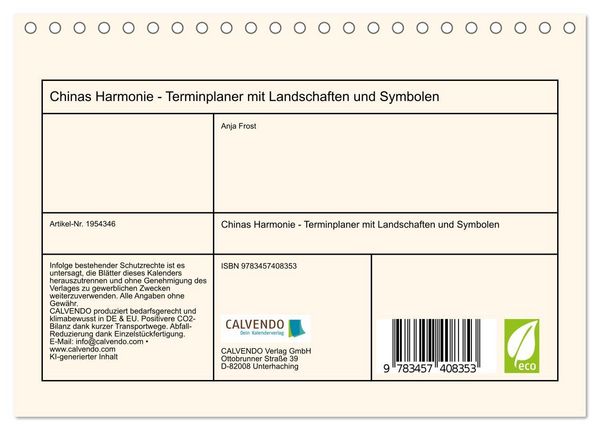 Produktbild: Chinas Harmonie - Terminplaner mit Landschaften und Symbolen (Tischkalender 2026 DIN A5 quer), CALVENDO Monatskalender