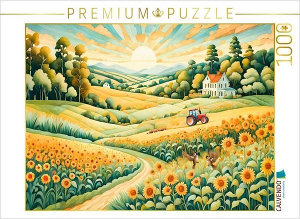 Produktbild: CALVENDO Puzzle Landschaft mit Sonnenblumenfeld im Morgenlicht | 1000 Teile Lege-Gr&ouml;&szlig;e 64x48cm Foto-Puzzle f&uuml;r gl&uuml;ckliche Stunden