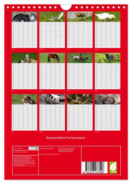 Produktbild: Bauernhoftiere Familienplaner (Wandkalender 2026 DIN A4 hoch), CALVENDO Monatskalender