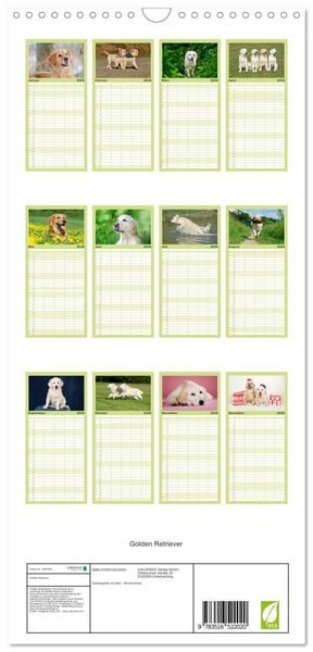 Produktbild: Familienplaner 2026 - Golden Retriever mit 5 Spalten (Wandkalender, 21 x 45 cm) CALVENDO