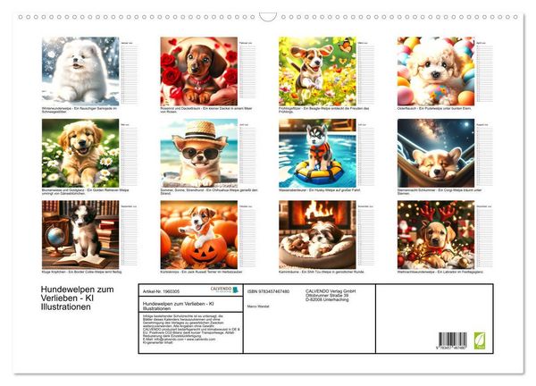 Produktbild: Hundewelpen zum Verlieben - KI Illustrationen (Wandkalender 2026 DIN A2 quer), CALVENDO Monatskalender