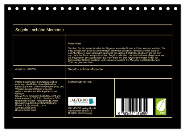 Produktbild: Segeln - sch&ouml;ne Momente (Tischkalender 2026 DIN A5 quer), CALVENDO Monatskalender