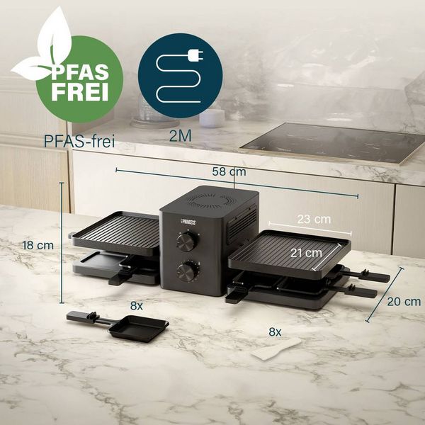 Produktbild: Princess Purify Raclette 8 Pf&auml;nnchen, Antihaftbeschichtung, &Uuml;berhitzungsschutz, mit Luftabsaugung Schwarz