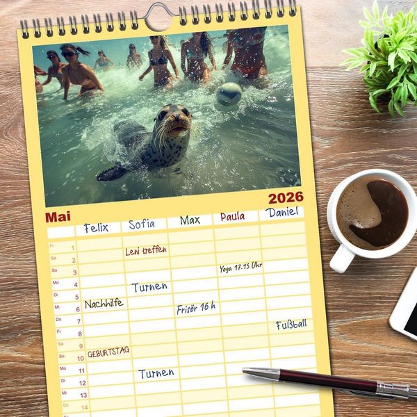 Produktbild: Familienplaner 2026 - Tierische Balljunkies mit 5 Spalten (Wandkalender, 21 x 45 cm) CALVENDO