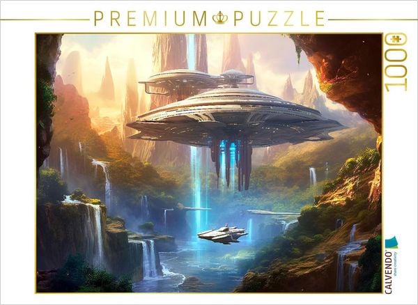 Produktbild: CALVENDO Puzzle Science Fiction - Reise zu fremden Planeten - Wasserfall Besucher | 1000 Teile Lege-Gr&ouml;&szlig;e 64x48cm Foto-Puzzle f&uuml;r gl&uuml;ckliche Stunden
