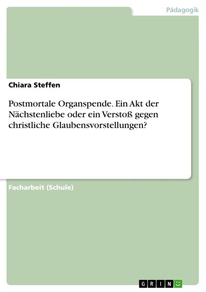 Postmortale Organspende. Ein Akt der Nächstenliebe oder ein Verstoß gegen christliche Glaubensvorstellungen?