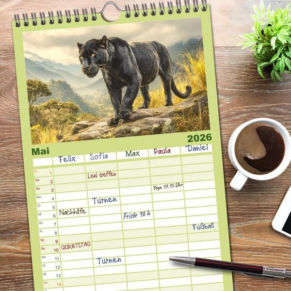 Produktbild: Familienplaner 2026 - Schwarze Panther. Geheimnisvolle Schatten der Wildnis mit 5 Spalten (Wandkalender, 21 x 45 cm) CALVENDO