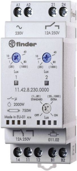 Finder Dämmerungsschalter 1 St. 11.42.8.230.0000 Betriebsspannung:230 V/AC Empfindlichkeit Licht: 1, 20 - 80, 1000 lx, lx 1 Wechsler, 1 Schließer