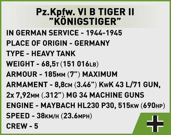 Produktbild: COBI Historial Collection 2732 - Pz.Kpfw. VI B TIGER II Königstiger, WWII, Bausatz 1:48, 500 Klemmbausteine