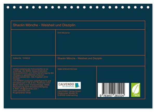 Produktbild: Shaolin M&ouml;nche - Weisheit und Disziplin (Tischkalender 2026 DIN A5 quer), CALVENDO Monatskalender