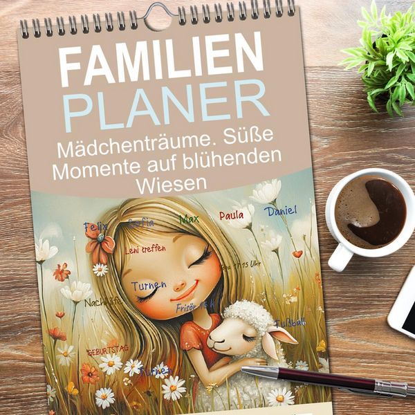 Produktbild: Familienplaner 2026 - M&auml;dchentr&auml;ume. S&uuml;&szlig;e Momente auf bl&uuml;henden Wiesen mit 5 Spalten (Wandkalender, 21 x 45 cm) CALVENDO