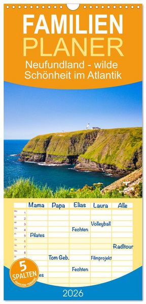 Produktbild: Familienplaner 2026 - Neufundland - wilde Sch&ouml;nheit im Atlantik mit 5 Spalten (Wandkalender, 21 x 45 cm) CALVENDO
