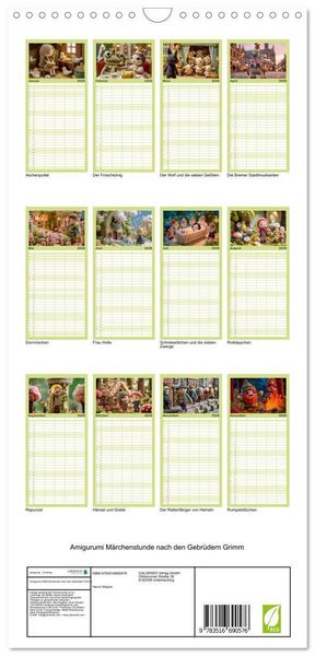 Produktbild: Familienplaner 2026 - Amigurumi M&auml;rchenstunde nach den Gebr&uuml;dern Grimm mit 5 Spalten (Wandkalender, 21 x 45 cm) CALVENDO