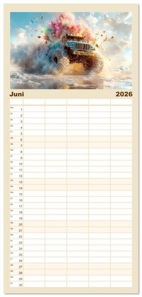 Produktbild: Familienplaner 2026 - Die Macht der Monstertrucks mit 5 Spalten (Wandkalender, 21 x 45 cm) CALVENDO