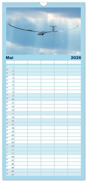 Produktbild: Familienplaner 2026 - Meister in der Schwebe: Segelflugzeuge mit 5 Spalten (Wandkalender, 21 x 45 cm) CALVENDO