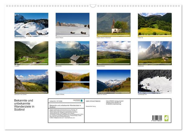 Produktbild: Bekannte und unbekannte Wanderziele in S&uuml;dtirol (Wandkalender 2026 DIN A2 quer), CALVENDO Monatskalender