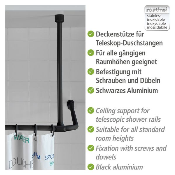 Produktbild: Deckenst&uuml;tze f&uuml;r Duschstangen Schwarz, 57 cm, f&uuml;r Stangen mit &Oslash; 2 / 2,5 cm