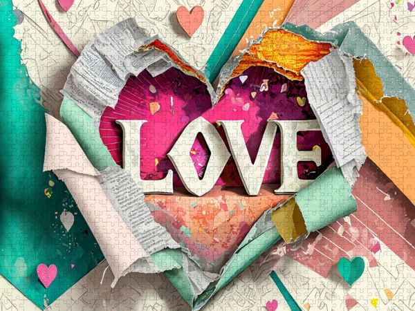 Produktbild: CALVENDO Puzzle Buntes gerissenes Papier mit Herz und Text Love | 1000 Teile Lege-Gr&ouml;&szlig;e 64x48cm Foto-Puzzle f&uuml;r gl&uuml;ckliche Stunden
