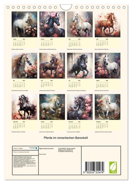 Produktbild: Pferde im romantischen Barockstil (Wandkalender 2026 DIN A4 hoch), CALVENDO Monatskalender
