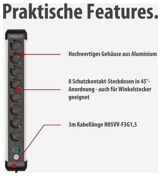 Produktbild: Brennenstuhl 1391030800 Steckdosenleiste mit Schalter Silber, Schwarz Schutzkontakt 1 St.