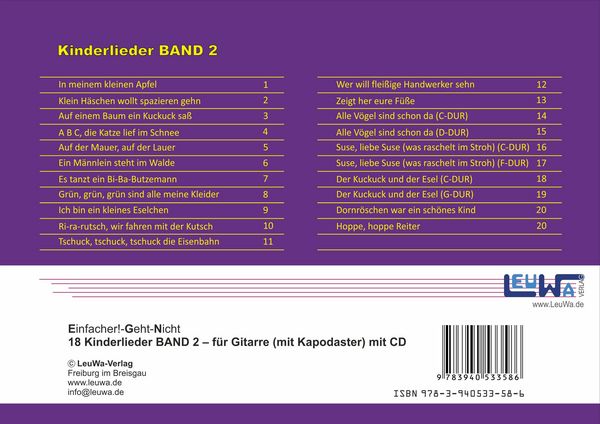 Produktbild: Einfacher!-Geht-Nicht: 18 Kinderlieder BAND 2 &ndash; f&uuml;r Gitarre mit Kapodaster incl. CD