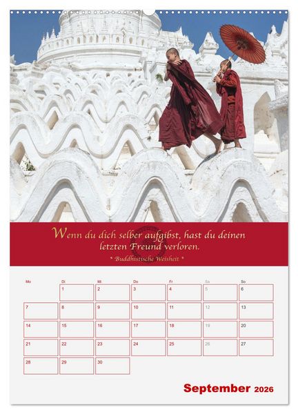 Produktbild: Buddhistische Weisheiten - DER ROTE SCHIRM (Wandkalender 2026 DIN A2 hoch), CALVENDO Monatskalender