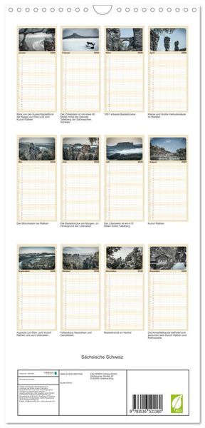Produktbild: Familienplaner 2026 - S&auml;chsische Schweiz mit 5 Spalten (Wandkalender, 21 x 45 cm) CALVENDO