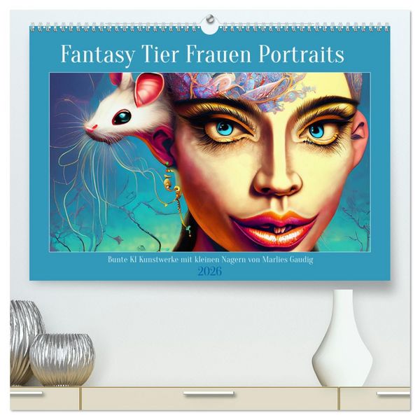 Fantasy Tier Frauen Portraits (hochwertiger Premium Wandkalender 2026 DIN A2 quer), Kunstdruck in Hochglanz