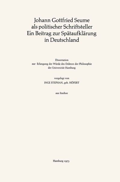 Produktbild: Johann Gottfried Seume als politischer Schriftsteller Ein Beitrag zur Sp&auml;taufkl&auml;rung in Deutschland