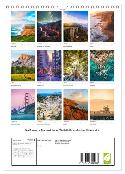 Produktbild: Kalifornien - Traumstr&auml;nde, Weltst&auml;dte und unber&uuml;hrte Natur (Wandkalender 2026 DIN A4 hoch), CALVENDO Monatskalender