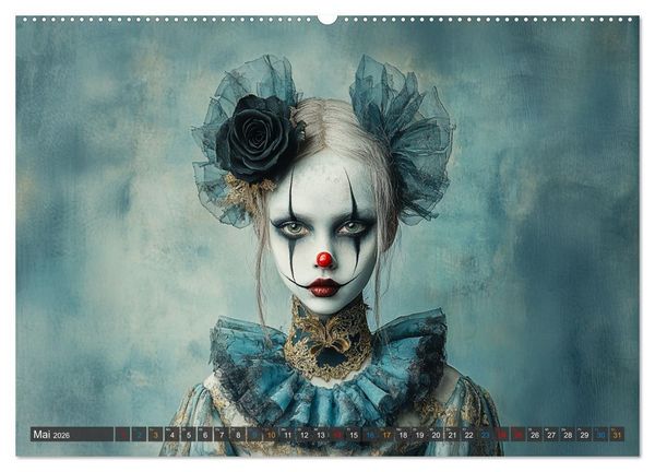 Produktbild: Clowniversum - Wo die Masken Geschichten erz&auml;hlen (hochwertiger Premium Wandkalender 2026 DIN A2 quer), Kunstdruck in Hochglanz