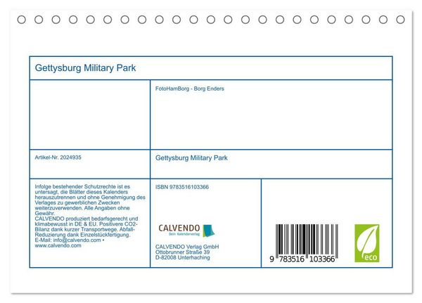 Produktbild: Gettysburg Military Park (Tischkalender 2026 DIN A5 quer), CALVENDO Monatskalender