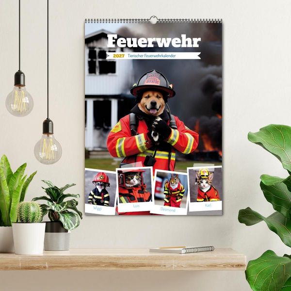 Produktbild: Feuerwehr - Tierischer Feuerwehrkalender (Wandkalender 2027 DIN A2 hoch), CALVENDO Monatskalender