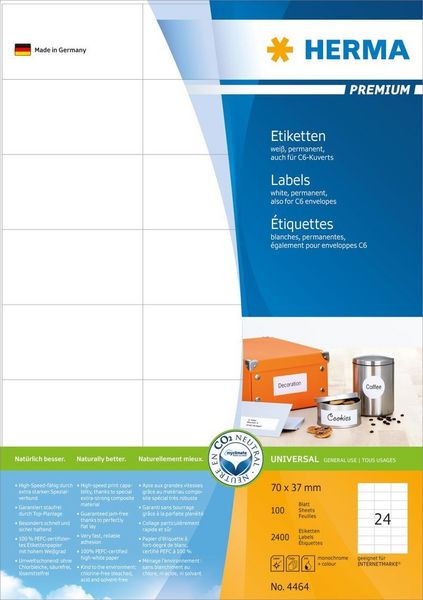 Produktbild: HERMA Etiketten permanent wei&szlig; 70x37mm 100 Blatt 2400 St&uuml;ck