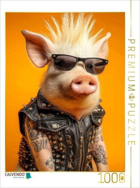 Produktbild: CALVENDO Puzzle Cooles Punk Schwein mit Irokesenschnitt, Tattoos und Rocker-Lederweste | 1000 Teile Lege-Gr&ouml;&szlig;e 64x48cm Foto-Puzzle f&uuml;r gl&uuml;ckliche Stun
