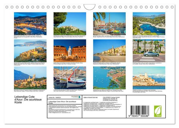 Produktbild: Lebendige Cote d'Azur: Die azurblaue K&uuml;ste (Wandkalender 2026 DIN A4 quer), CALVENDO Monatskalender