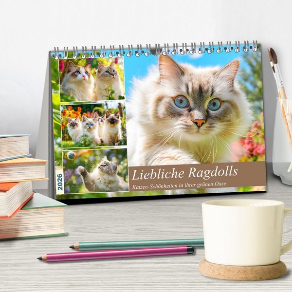 Produktbild: Liebliche Ragdolls. Katzen-Sch&ouml;nheiten in ihrer gr&uuml;nen Oase (Tischkalender 2026 DIN A5 quer), CALVENDO Monatskalender